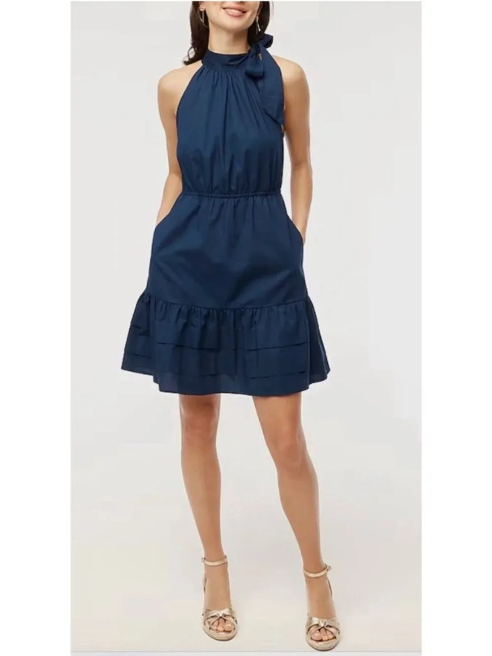 J.Crew Sz 8 Poplin Halter Neck Dress, Navy Blue Cute Summer Dress Classic Minima